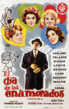 Cartel con un hombre y los rostros de cuatro mujeres sobre su cabeza.