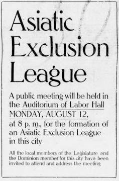 Ad reads: 'Asiatic exclusion league: a public meeting will be held…'