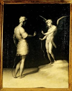 Una pintura en blanco y negro muestra una figura desnuda alada hablando con un hombre vestido con túnica.