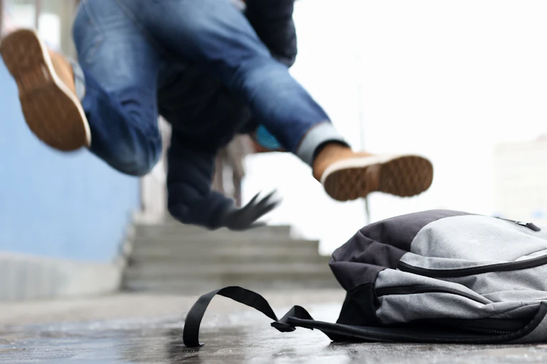 A person stumbles, with a backpack on the ground in the foreground