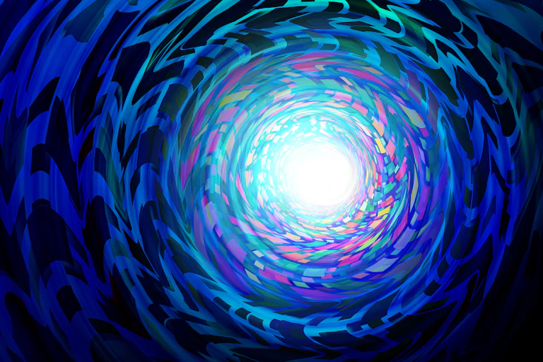 An abstract design depicting psychedelic consciousness -- a diminishing series of blue circles focused on a point of white light.