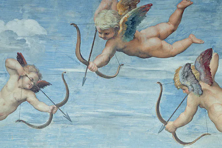 Sebuah ilustrasi yang menunjukkan tiga sosok Dewa Cupid terbang yang membidik dengan busur dan anak panah mereka.