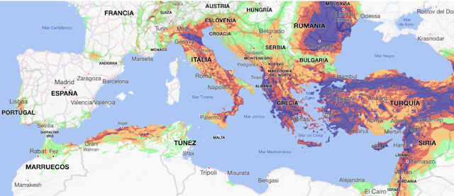 Mapa con los países de la cuenca mediterránea con zonas de actividad sísmica marcadas con colores.