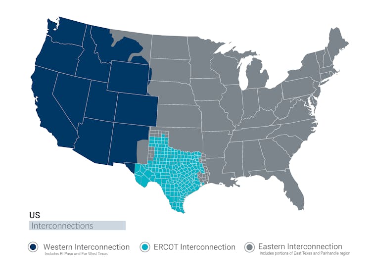 US map showing Western and Eastern Interconnect and ERCOT grids.