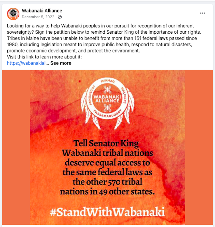 A screenshot of a Facebook post from Dec. 5, 2022, by Maine tribal rights advocate The Wabanaki Alliance.