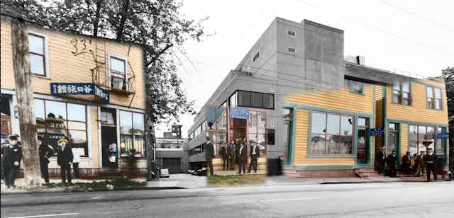 A colourized photo of storefronts from 1907