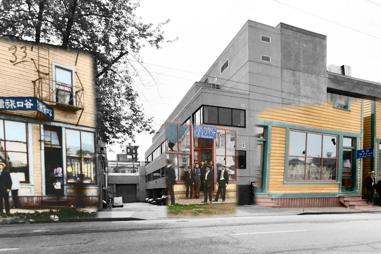 A colourized photo of storefronts from 1907