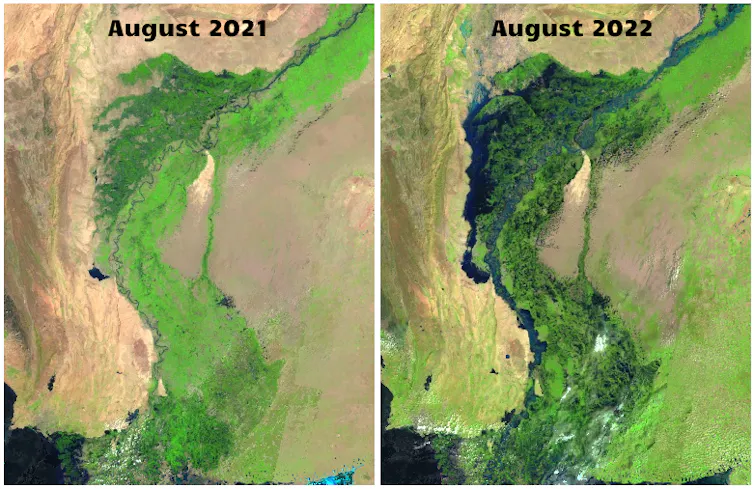 Gambar menunjukkan bagaimana banjir menutupi sekitar sepertiga wilayah Pakistan.