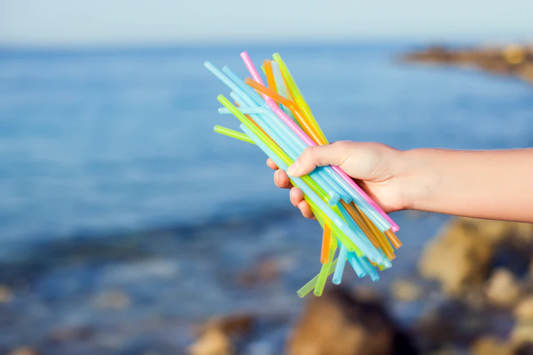 hand holds bundle of plastic straws with beachside background blurred