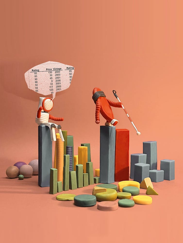 Ilustración que muestra una figura con un bocadillo con datos y otra figura ciega.