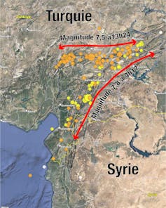 Essaims de répliques des deux séismes ayant eu lieu à la frontière entre Turquie et Syrie le 6 février. Romain Jolivet/ENS. Fond de carte Google Earth, Fourni par l'auteur