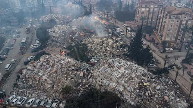 Aerial shot of the devastation caused by the February 6 earthquake in Hatay, Turkey