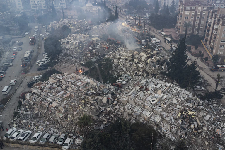 Aerial shot of the devastation caused by the February 6 earthquake in Hatay, Turkey