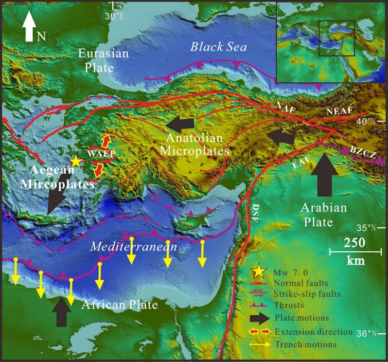 Map showing action of tectonic plates in vicinity of Turkey/Syria earthquake