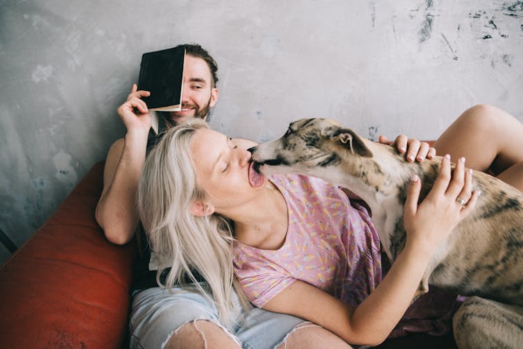 Man and woman with dog on sofa.