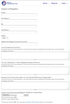 Un formulario oficial para enviar una referencia a la Oficina de Ética del Congreso.