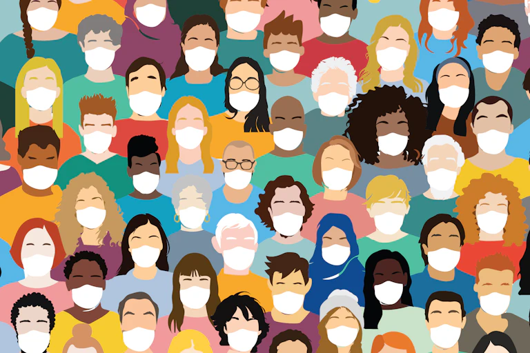 A drawing of a diverse group of people in face masks.