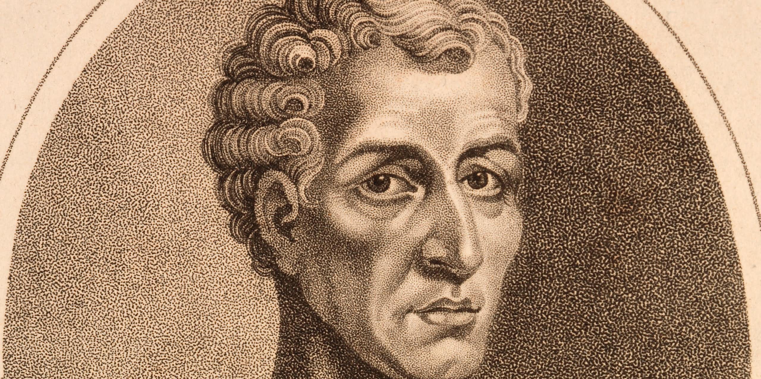 A grainy black and white drawing showing the face of a young man with curly hair.