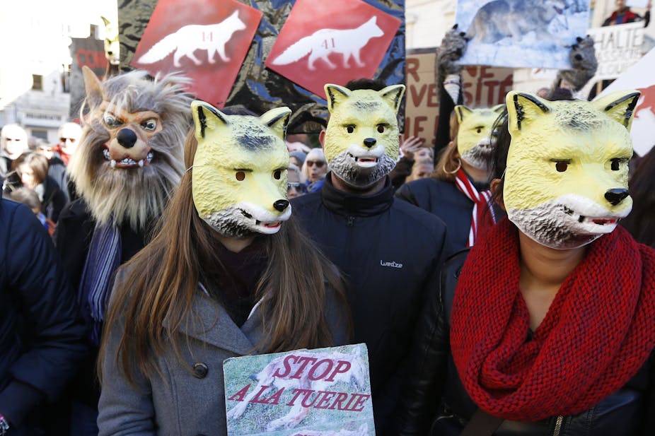 Des personnes portant des masques de loup manifestent à Nice en 2016 