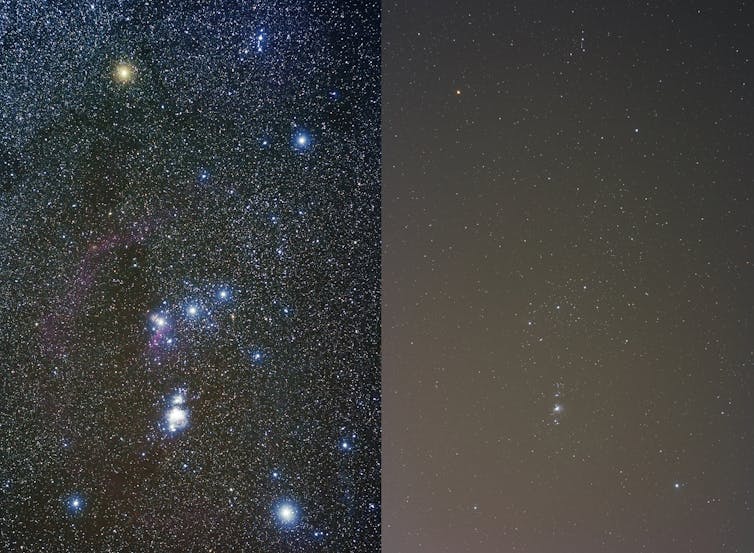 The constellation Orion, imaged at left from dark skies, and at right from the teeming metropolis of Orem, UT comprising about half a million people.