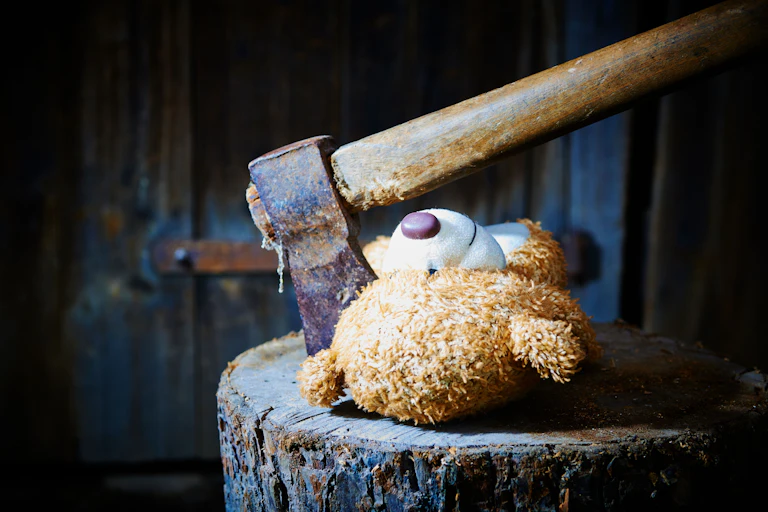 Toy teddy bear lying on a wooden log killed by an ax