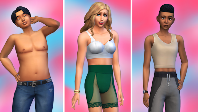 Transgender sim characters with top scars and binders.