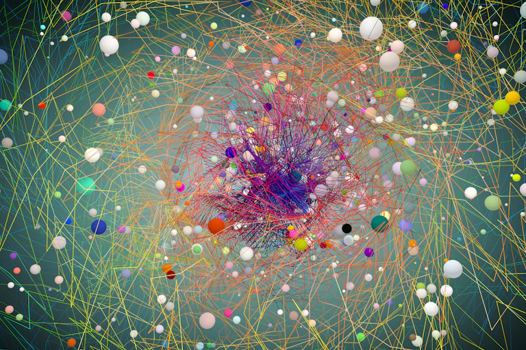 Illustration of a messy array of colorful thin lines and spheres, funneling into a dark purple center
