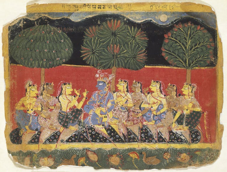 A watercolor painting that shows the Hindu god Krishna, surrounded by beautiful women.