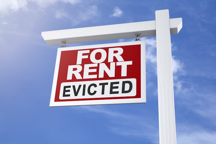 A sign saying, 'For rent: Evicted.'