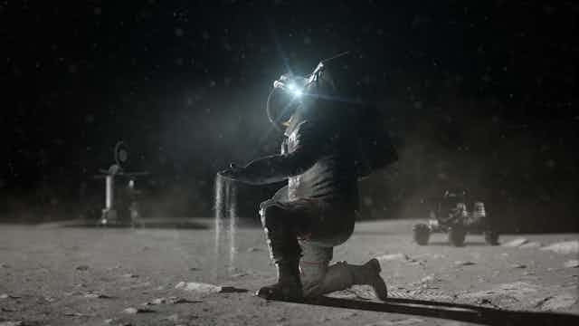 An artist's impression of an astronaut sifting through dust on the Moon.