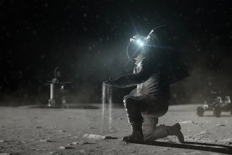 An artist's impression of an astronaut sifting through dust on the Moon.