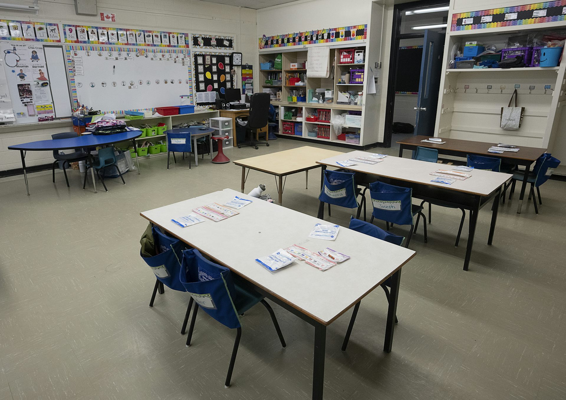 A classroom with tables.