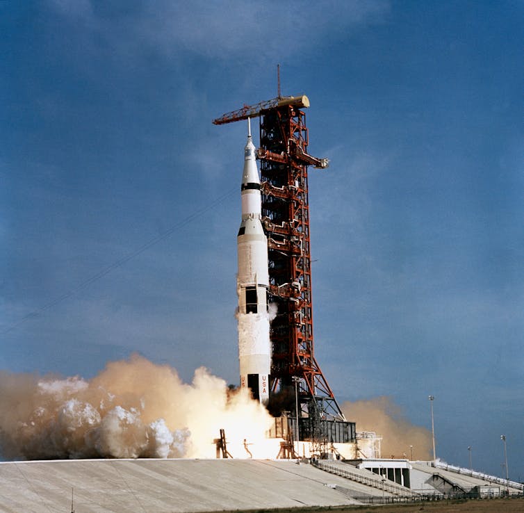 A photo of the Apollo 11 rocket about to launch.