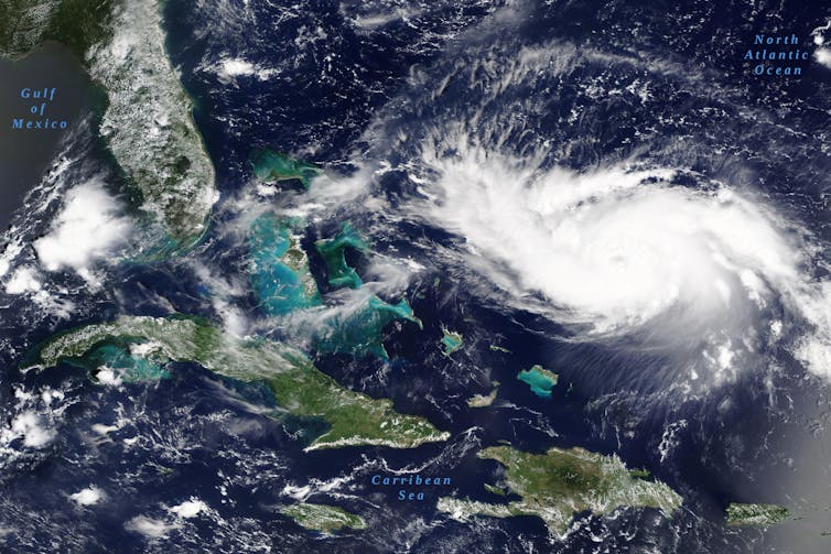 A satellite image of a large hurricane in the Caribbean Sea