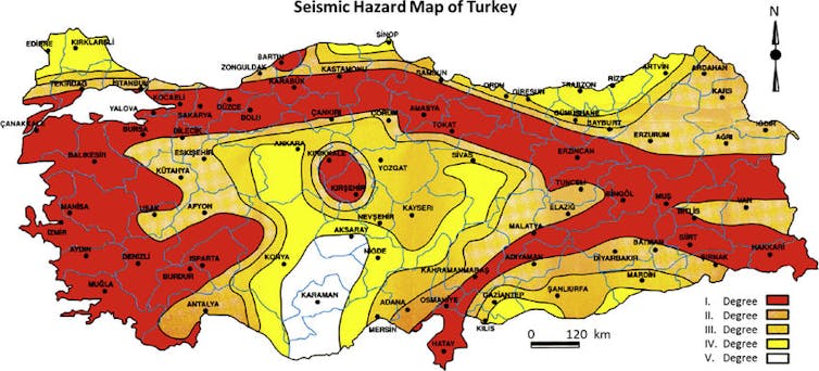 A map of Turkey with intense colour added where earthquake hazard is greatest. The East Anatolian fault (where the 6 February 2023 earthquake happened), the North Anatolian Fault and the western coast are all correctly shown as high hazard.