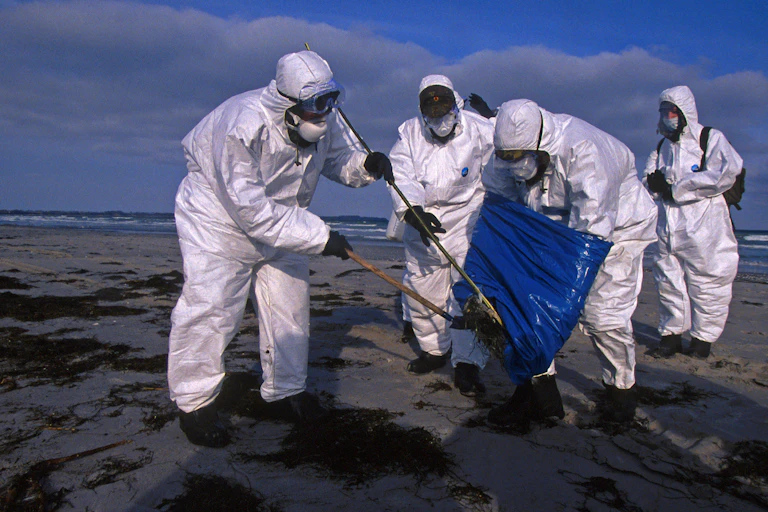 Epidemiologists in protective suits are collecting a dead bird