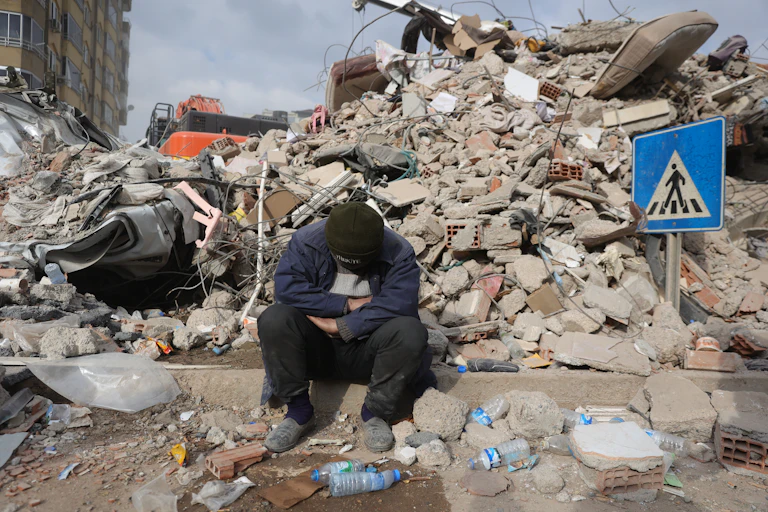 A man sits among the ruins of a building in Kahramanmaras, Turkey.