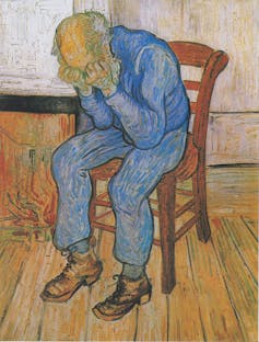 A painting of an old man in a blue suit sat in a wooden chat. His head is in his hands which reveals his bald head to the viewer.