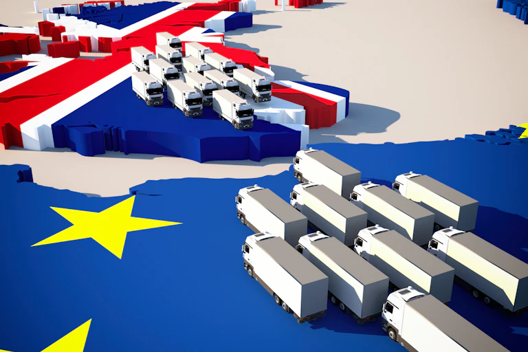 Graphic of lorries in UK facing lorries in Europe.
