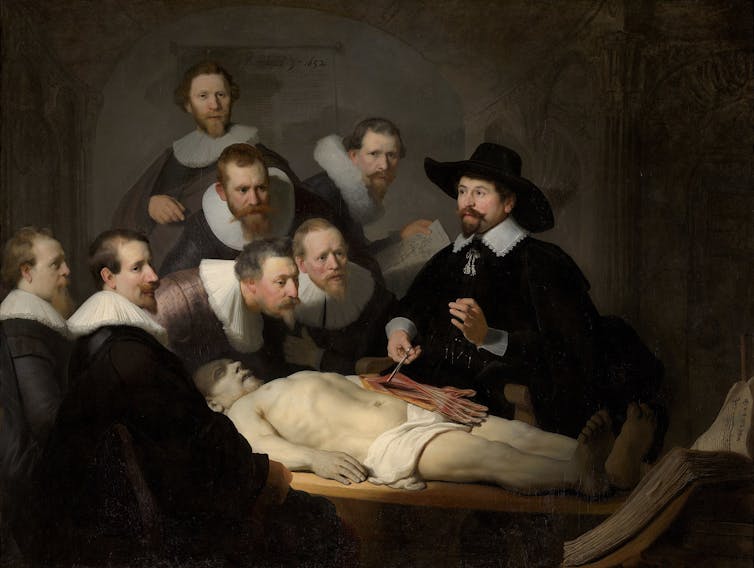 Six bald doctors gather to watch a demonstration of dissection.