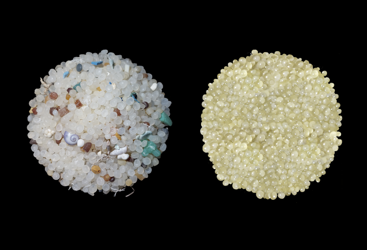 Two piles of tiny particles of virtually identical sizes.