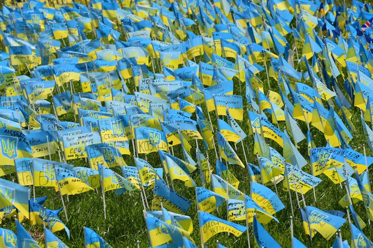 Many little blue and yellow flags with small wooden picks holding them up have black writing on them.