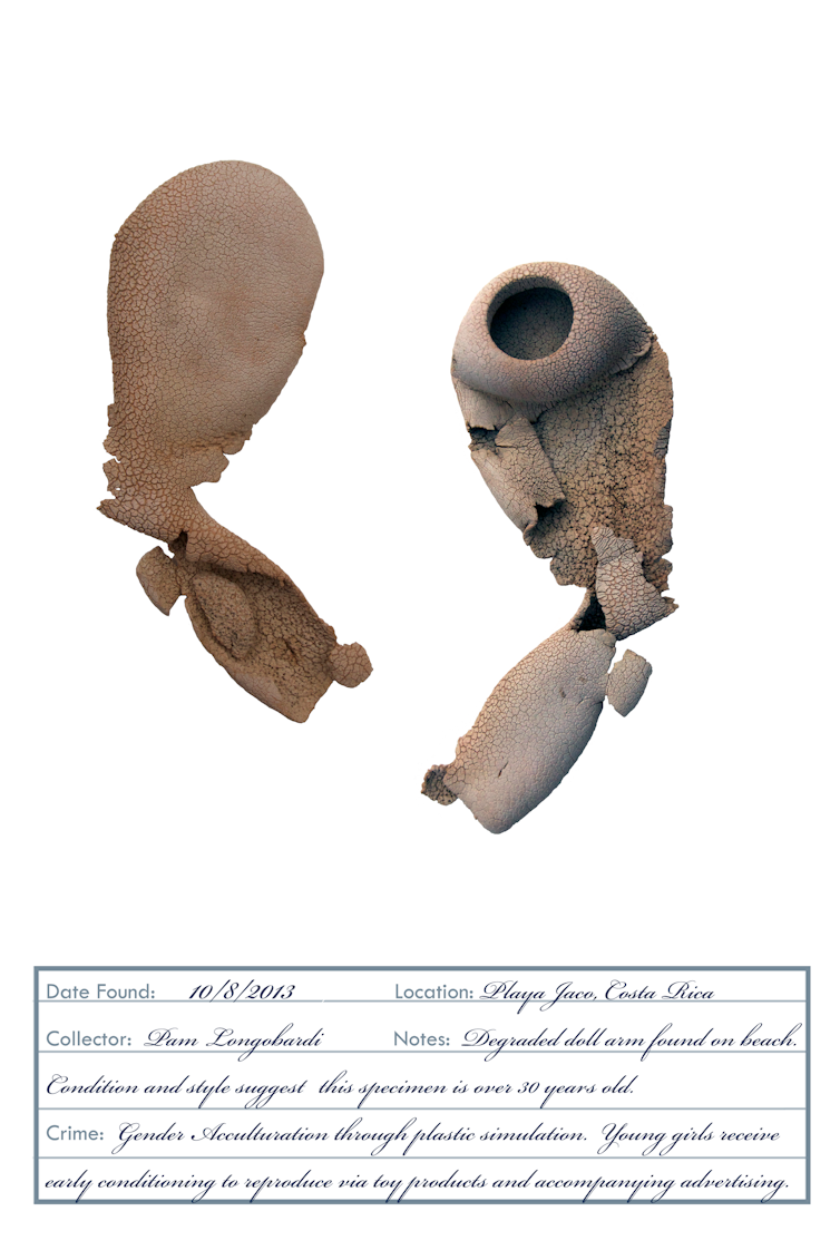 Two views of a degraded arm from a plastic doll, found on Playa Jaco in Costa Rica.
