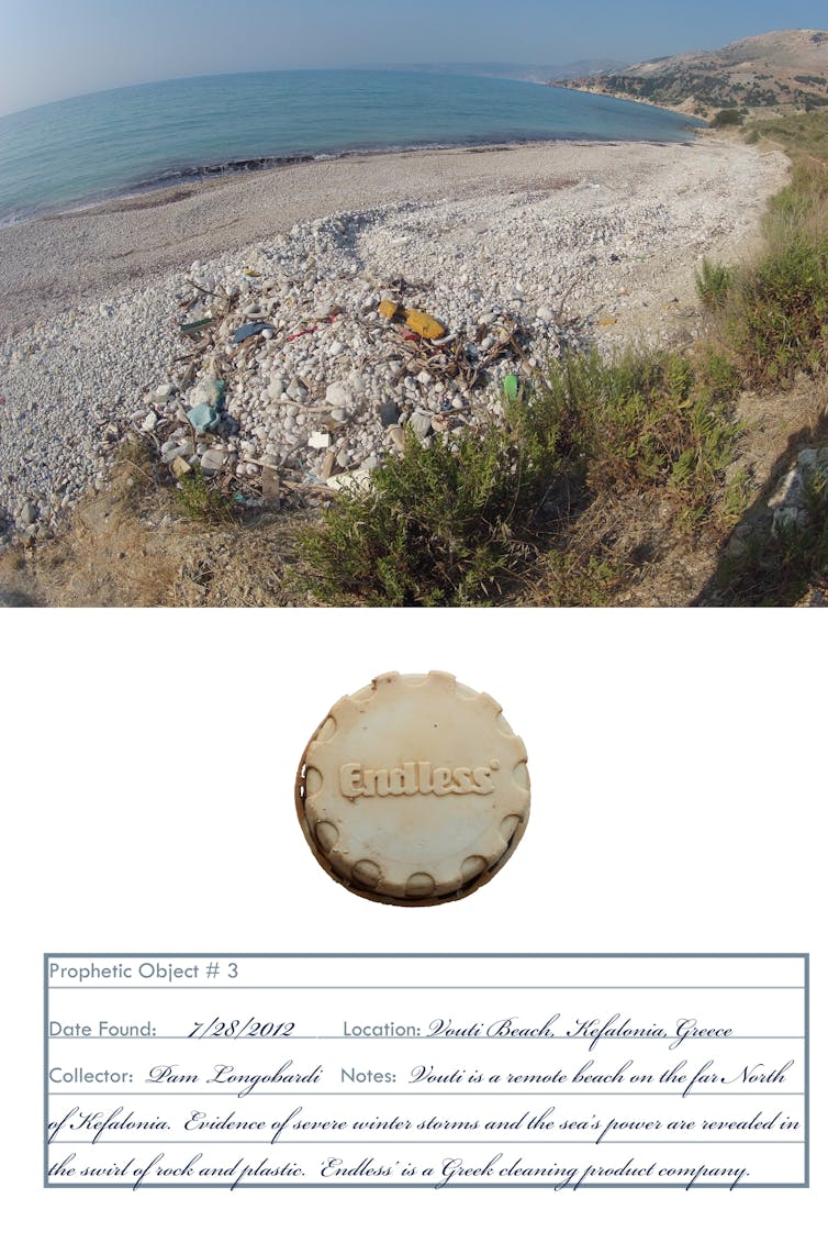 A plastic bottle cap inscribed 'Endless,' a beach littered with plastic objects, and a museum tag.