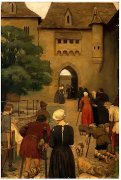 Pintura de unos peregrinos acercándose a la enfermería de la Abadía de San Antonio.