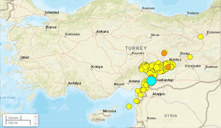 Epicentres of quakes clearly aligned along the East Anatolian Fault running northeast from the coast near the Turkish-Syrian border/