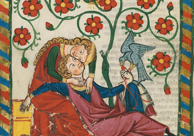 Medieval drawing of a woman embracing a man holding bird beneath a creeping flower. 