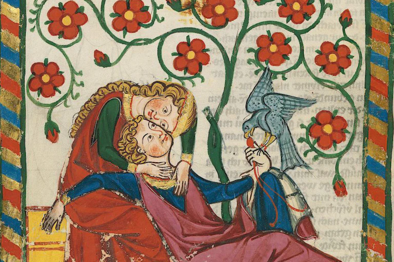 Medieval drawing of a woman embracing a man holding bird beneath a creeping flower.