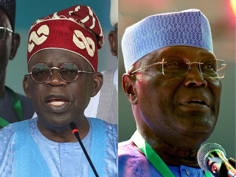 Split photo of two Black men in ceremonial Nigerian robes and traditional fila hats