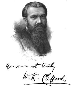 A black and white sketch of a man with a long beard above the handwritten words 'Yours most truly, W.K. Clifford'